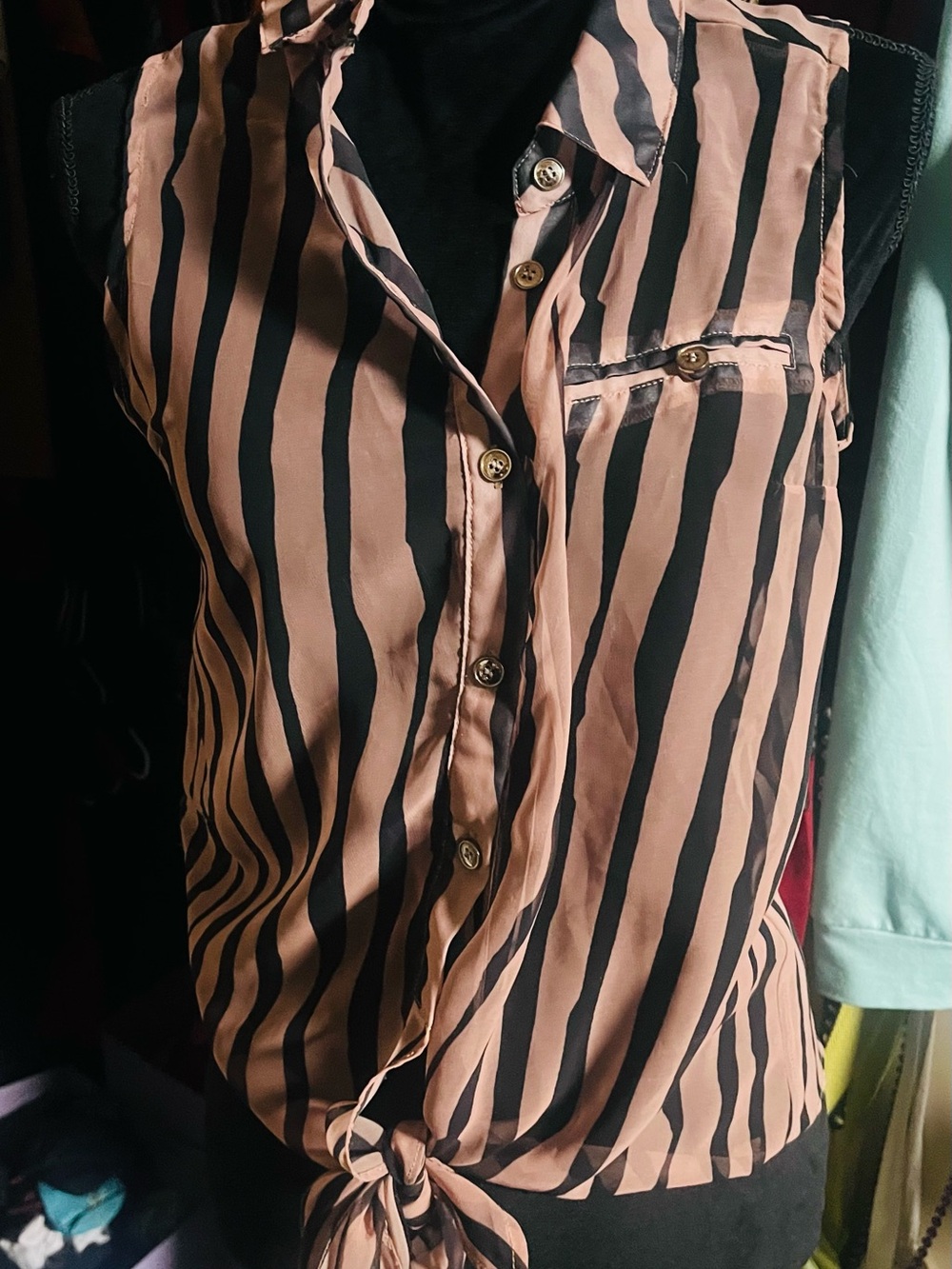 Moon Collection Black and Tan Striped Tie-Front Sleeveless Blouse